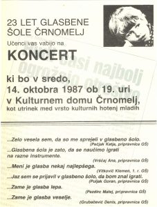 Vabilo na koncert Glasbene šole Črnomelj, 1987. SI_ZAL_ČRN/0082 Glasbena šola Črnomelj, t. e. 8, a. e. 25.