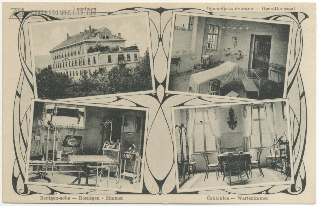 Sanatorij Leonišče je spadal med najbolj urejene bolnišnične ustanove v Ljubljani. Med 1. svetovno vojno so v njem zdravili najtežje bolnike. Na fotografiji: zunanjščina, operacijska soba, rentgen in čakalnica. (SI_ZAL_LJU/0394, Wigele Ferdo, Ljubljana, t. e. 1, a. e. 13)