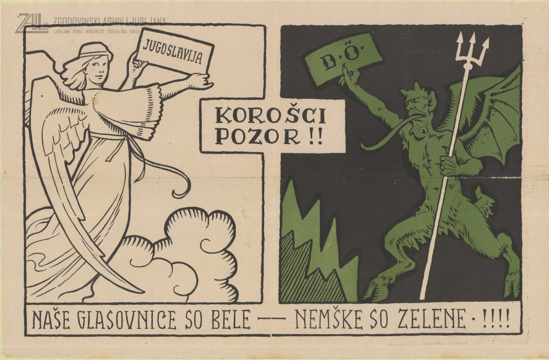 Beli angel kot simbol slovenstva je prinašal svežino, mladost in nedolžnost. Nemško Avstrĳo je predstavljal zeleni hudič, ki že stoletja škoduje Koroški. (SI_ZAL_ŠKL/0291, Zbirni fond, t. e. 6, a. e. 181)