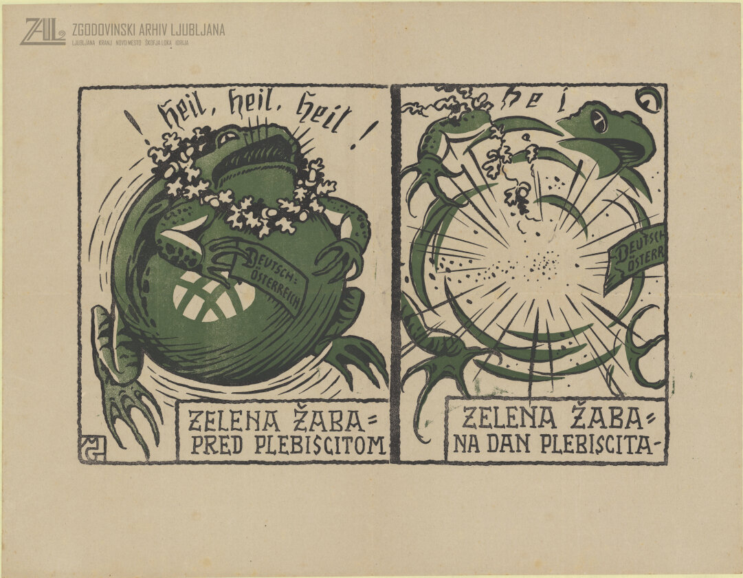 Avstrĳa je bila prikazana tudi kot debela žaba, ki je v rokah držala zeleni listič. Koroški Nemci so bili prikazani kot bahavi in ponosni, a bodo ob koncu plebiscita poraženi. (SI_ZAL_ŠKL/0291, Zbirni fond, t. e. 6, a. e. 181)