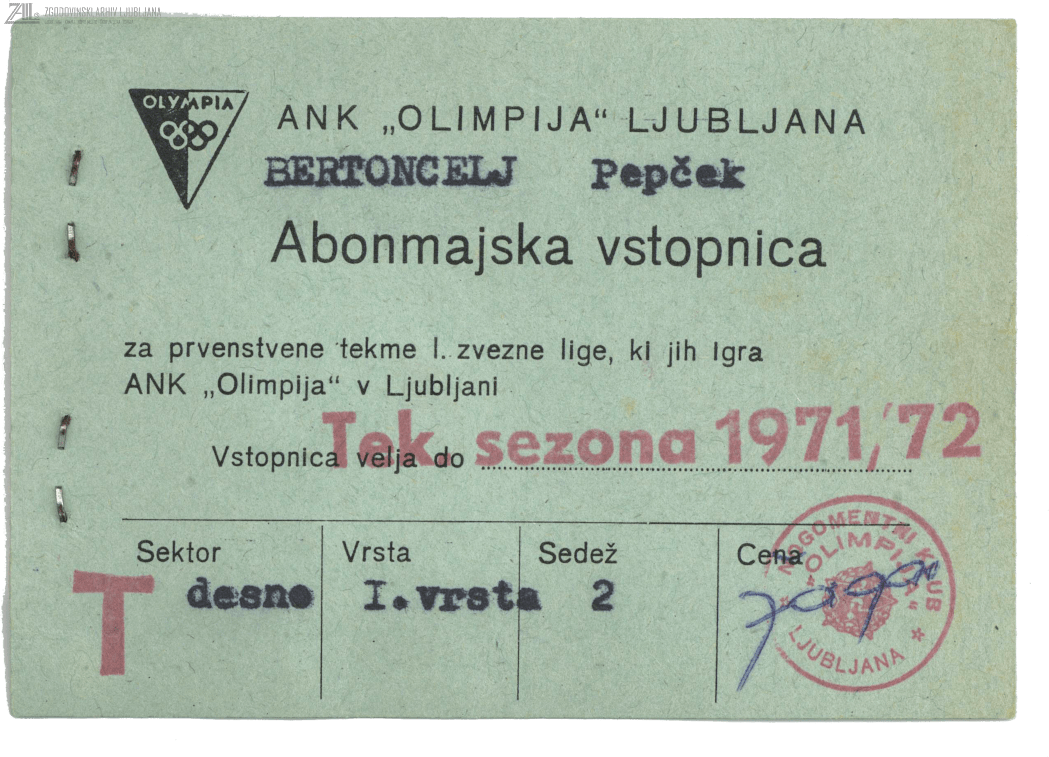 Primerki vstopnic za tekme NK Olimpija na Centralnem stadionu (bežigrajskem) v Ljubljani, 1971–1975. SI_ZAL_LJU_0588 Nogometni klub Olimpija, Ljubljana, t. e. 59, p. e. 258 3