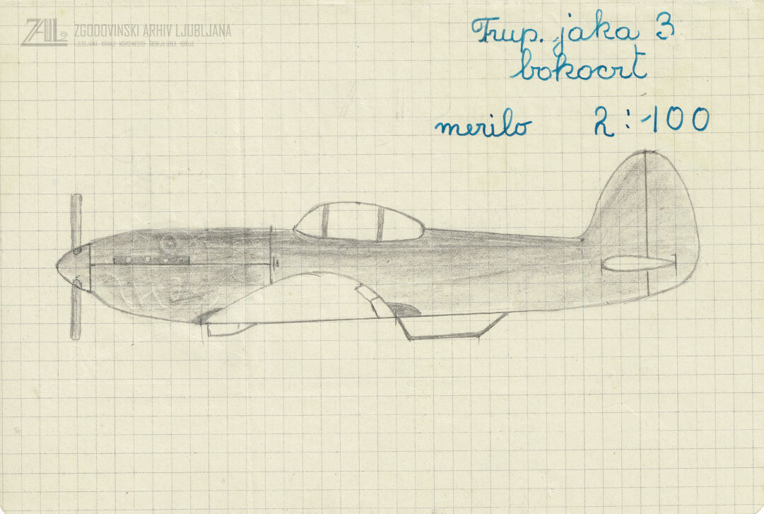 Skice sovjetskega lovskega letala JAK3, ki jih je narisal idrijski modelar Ivan Eržen, 1950. SI_ZAL_IDR/0060 Aeroklub Idrija, t. e. 1, p. e. 22. 2