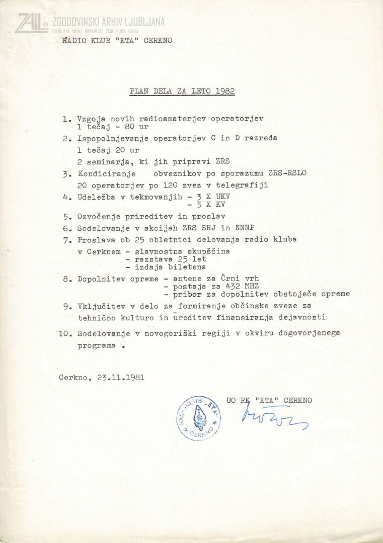 Načrt dela Radio kluba »ETA« Cerkno, 1981. SI_ZAL_IDR/0258 Zveza kulturnih organizacij Idrija, t. e. 165, p. e. 247.