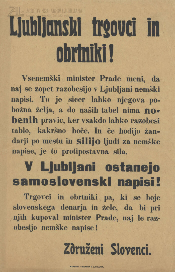 Aktivistični letak za slovenske napise, ok. 1909. SI_ZAL_LJU/0272 Prosveta, slovensko akademično ferialno društvo, Ljubljana, t. e. 1, p. e. 11.