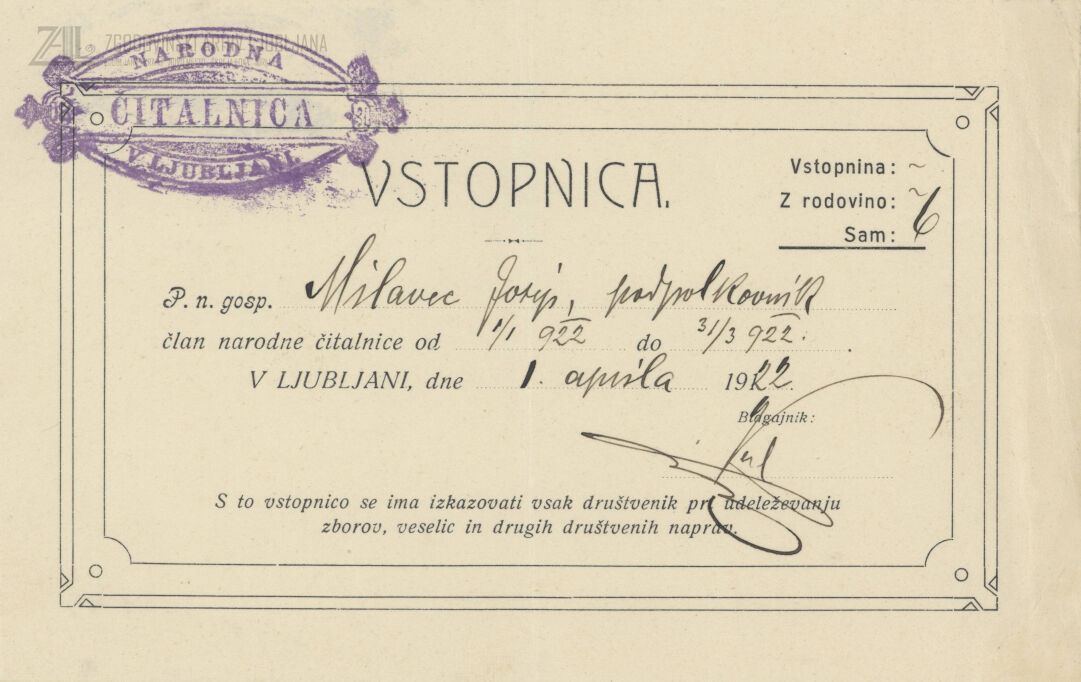 Članska izkaznica Narodne čitalnice v Ljubljani (Milavec Josip), 1922. SI_ZAL_LJU/0273 Narodna čitalnica v Ljubljani, t. e. 1, p. e. 6.