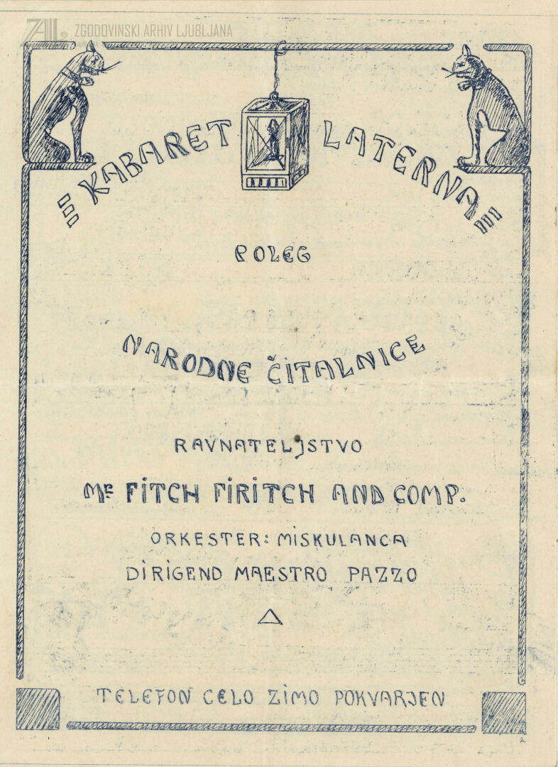 Program zabavne prireditve Kabaret Laternae Narodne čitalnice v Ljubljani, 18. marec 1914 (avtor verjetno Ivan Vavpotič). SI_ZAL_LJU/0273 Narodna čitalnica v Ljubljani, t. e. 1, p. e. 13.