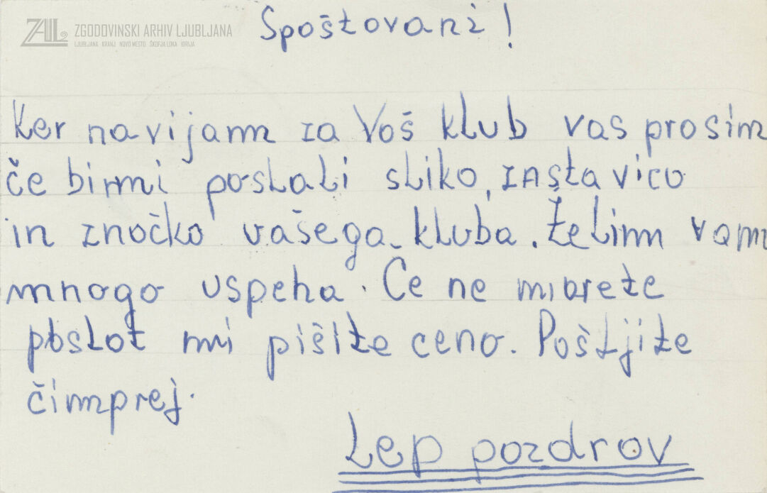 Pismo oboževalca NK Olimpije, 1969. SI_ZAL_LJU/0588 Nogometni klub Olimpija, Ljubljana, t. e. 29, p. e. 109.