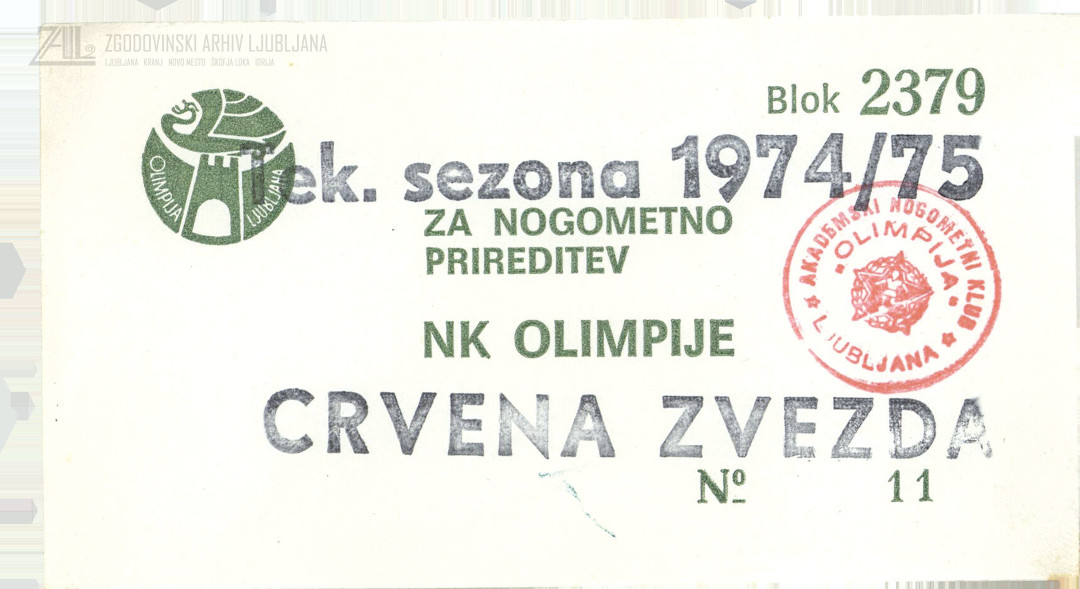 Primerki vstopnic za tekme NK Olimpija na Centralnem stadionu (bežigrajskem) v Ljubljani, 1971–1975. SI_ZAL_LJU_0588 Nogometni klub Olimpija, Ljubljana, t. e. 59, p. e. 258.