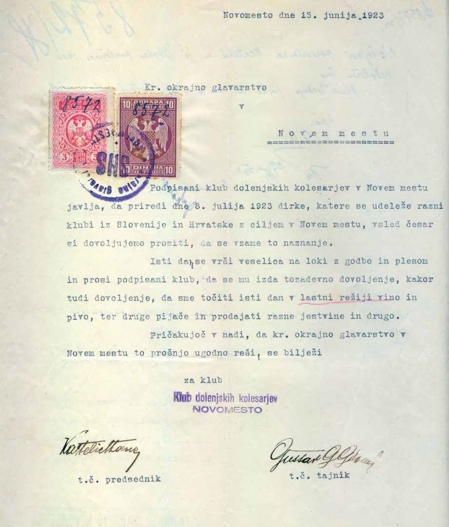 Dopis Kluba dolenjskih kolesarjev, 1923. SI_ZAL_NME/0003 Okrajno glavarstvo Novo mesto, Društva, t. e. 4.