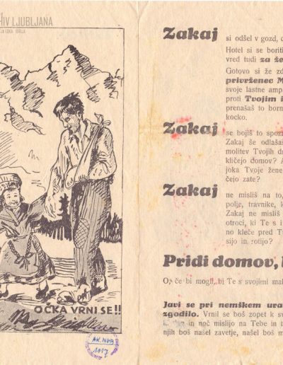 Nemški propagandni letak v slovenskem jeziku "Očka vrni se!" s sliko deklice, ki vodi očeta iz gozda nazaj domov.
