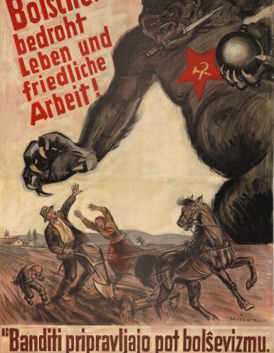 Nemški plakat "Bolschewismus bedroht Leben und friedliche Arbeit" (v prevodu: Bolševizem ogroža življenje in miroljubno delo)