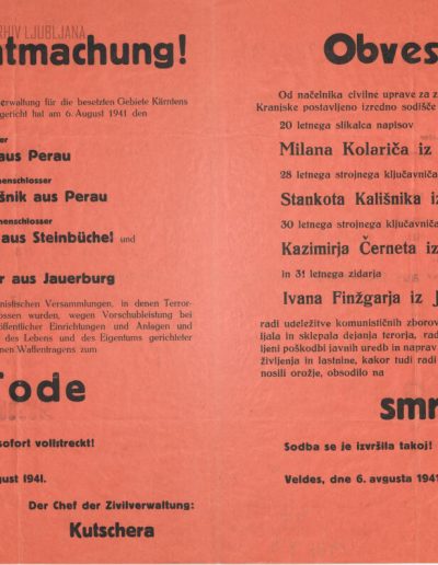 Dvojezični (nemško/slovenski) razglas o obsodbi in usmrtitvi treh podpornikov partizanskega gibanja iz Kamnika in okolice