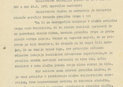 Dopis, ki opozarja, da morajo biti kandidati za graničarsko službo moralno neoporečni.