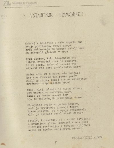 Pesem "Vstajenje Primorske", avtor Lev Svetek - Zorin in brošura »Leto borb ob Soči«