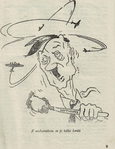 Partizanska brošura "Zaveniške bombe nad Nemčijo" s karikaturo nemškega führerja Adolfa Hitlerja: "Zavezniške bombe na Nemčijo"