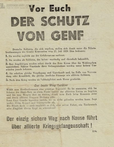 Zavezniški letak v nemškem jeziku, ki je s sklicevanjem na določila ženevske konvencije pozival nemške vojake k predaji: "Poziv za predajo"