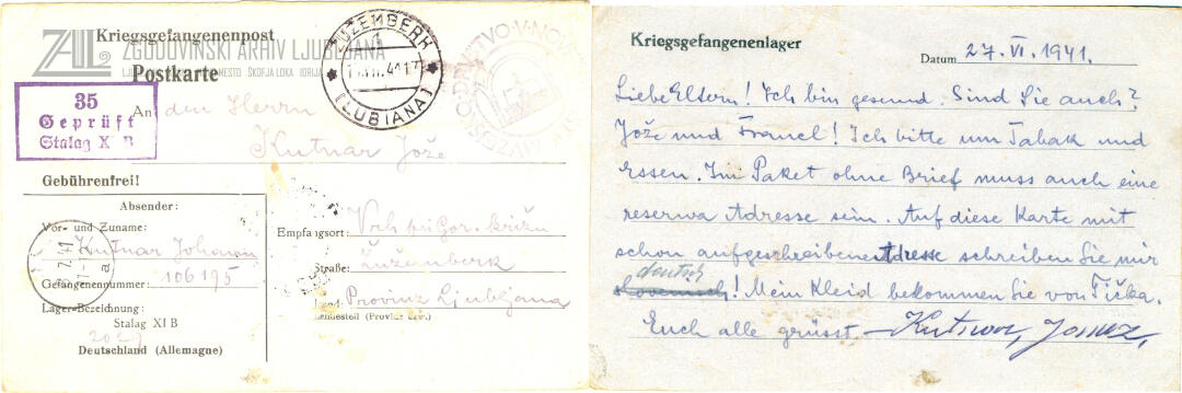Dopisnica iz nemškega ujetništva Stalag XI-B, 27. 6. 1941