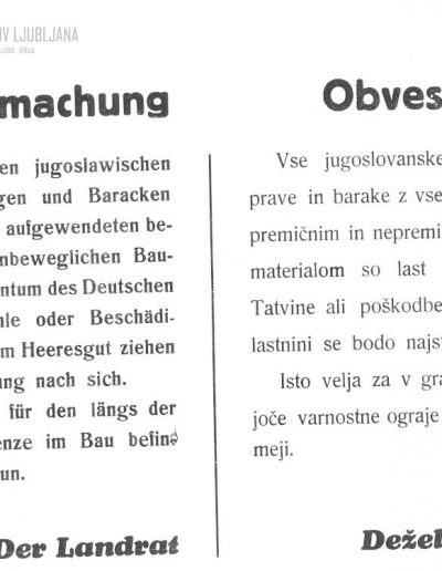 Obvestilo (Bekanntmachung) o jugoslovanskih utrdbenih napravah in barakah