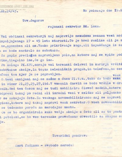 Rajonsko poročilo tovarišu Jegorovu (Petru Kavčiču), rajonskemu sekretarju RO. Škofja Loka, 19. 10. 1943