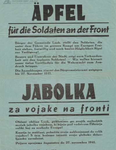 Dvojezični (nemško/slovenski) poziv Škofjeločanom k zbiranju jabolk za vojake na fronti