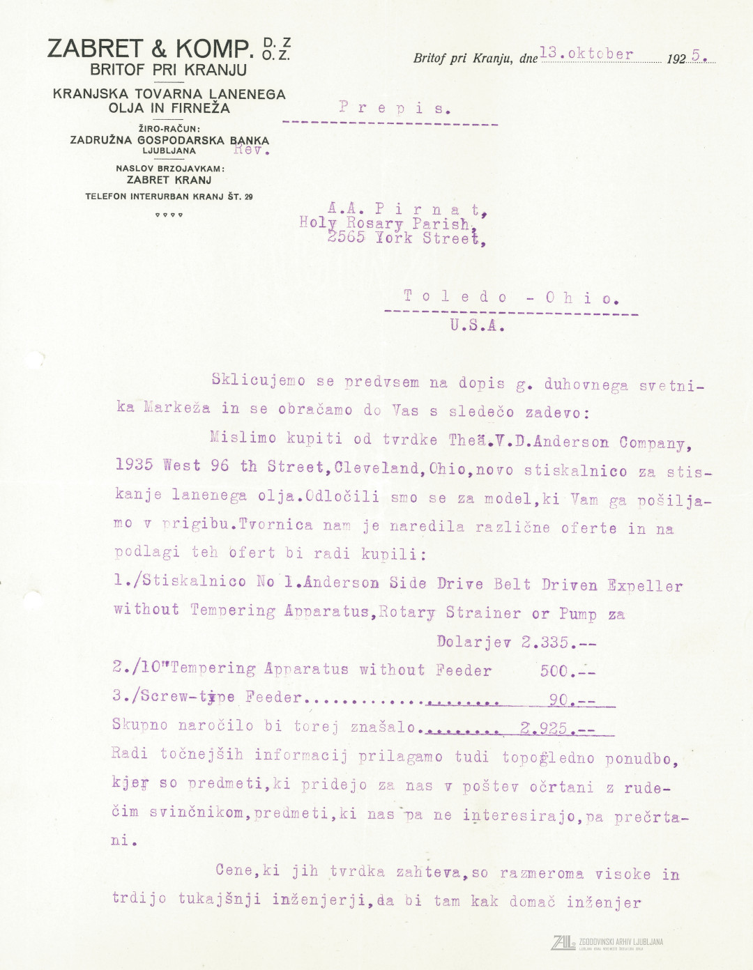 Prva stran dopisa o nabavi novih strojev, 1925. SI_ZAL_KRA/0080 Kranjska tovarna lanenega olja in firneža Zabret & Comp. Britof pri Kranju, t. e. 1, p. e. 8.