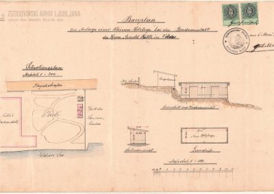 Načrt zračne hišice ob jezeru, izdelan med letoma 1891 in 1901, kjer so obiskovalci uživali v sončnih žarkih in svežem zraku.